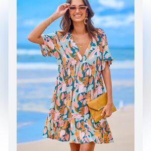 Cupshe Tropical‎ Leaf Short Sleeve Flounce Hem Mini Dress Size Medium A Line